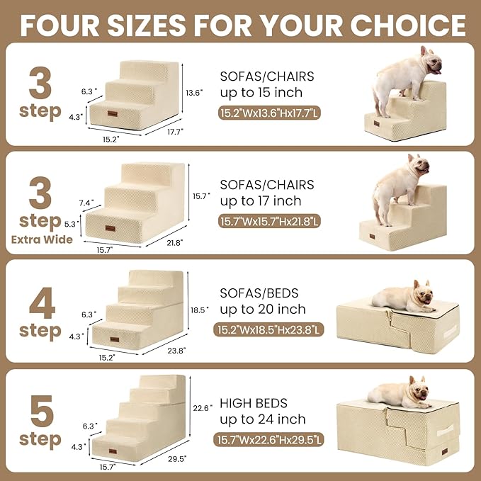 Dog Stairs for Small Dogs & Cats, 3-Step Non-Slip Pet Steps for Couch Sofa and Chair, Beige, 13.6" H-PurrikoPets