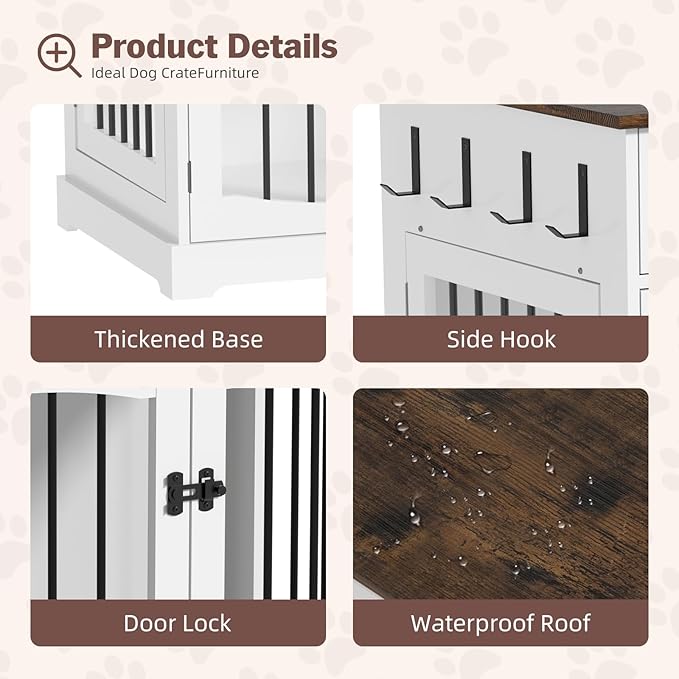 40 Inch Furniture-Style Dog Crate-Multipurpose Wood Pet Crate Furniture with Double Doors,2 Drawers, Decorative Dog House Indoor for Smal/Medium Dogs, White Finish-PurrikoPets