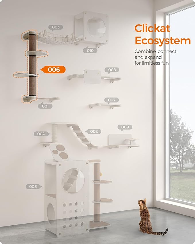 Feandrea Clickat Collection - No.006 Cat Tree Scratching Post, 39.7-Inch Tall Thicker Wall Mounted Cat Scratcher Posts, 2 Cats Perch Platform, Easy Assembly, Suit for Multi Cats Climb Play Nap Scratch-PurrikoPets