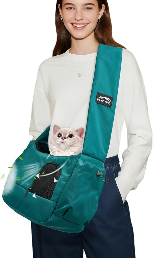 Dog Sling Carrier for Small Pets, Hands-Free Cat Carrier Pouch up to 8.8 lb, Cat Sling with Safety Strap and Pockets, Ideal for Travel and Daily Use, Peacock Blue-PurrikoPets