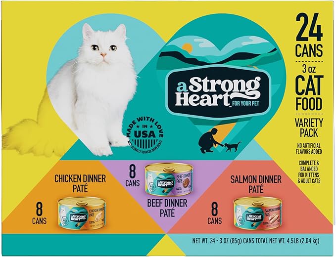 A Strong Heart Canned Wet Cat Food, Chicken, Beef and Salmon Variety Pack - 3 oz Cans (Pack of 24), Made in The USA with Real Chicken, Beef and Salmon-PurrikoPets