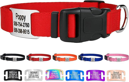 GoTags Personalized Dog Collar with Nameplate, Adjustable Dog Collar with Custom Engraved Slide On Pet ID Tag in Stainless Steel, Silent, No Noise Dog Tag for Large Medium and Small (Red, Large)-PurrikoPets