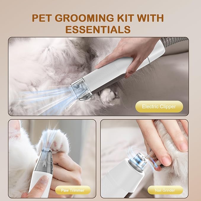 Dog Grooming Vacuum, Dog Grooming Kit with Pet Clipper Nail Grinder, 3 Suction Modes Dog Brush Vacuum with 6 Pet Grooming Tools (Coffee)-PurrikoPets