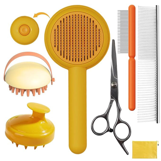 Dog Grooming Brush Set, 7 PCS Self-Cleaning Deshedding Hair Brushes for Short Long Haired Dogs Cats, Includes Scrubber Shower Wash Brush, Dematting Comb, Scissor - Yellow-PurrikoPets