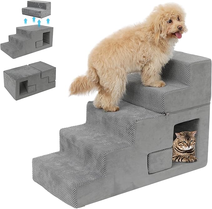 Dog Stairs for Small Dogs 23” H, 5-Step Dog Steps for High Bed, High-Density Foam Pet Stairs with Non-Slip Removable Washable Cover to Get on Bed-PurrikoPets