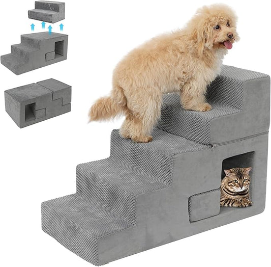 Dog Stairs for Small Dogs 23” H, 5-Step Dog Steps for High Bed, High-Density Foam Pet Stairs with Non-Slip Removable Washable Cover to Get on Bed-PurrikoPets