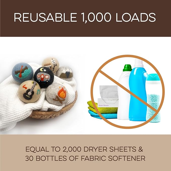 Fluff Ewes Wool Dryer Balls 6 Pack Premium New Zealand Wool Laundry Balls for Dryer, No Static Dryer Balls Laundry Reusable, XL Wool Dryer Balls Cute, Baby Dryer Balls for Dryers - are We There Yet-PurrikoPets