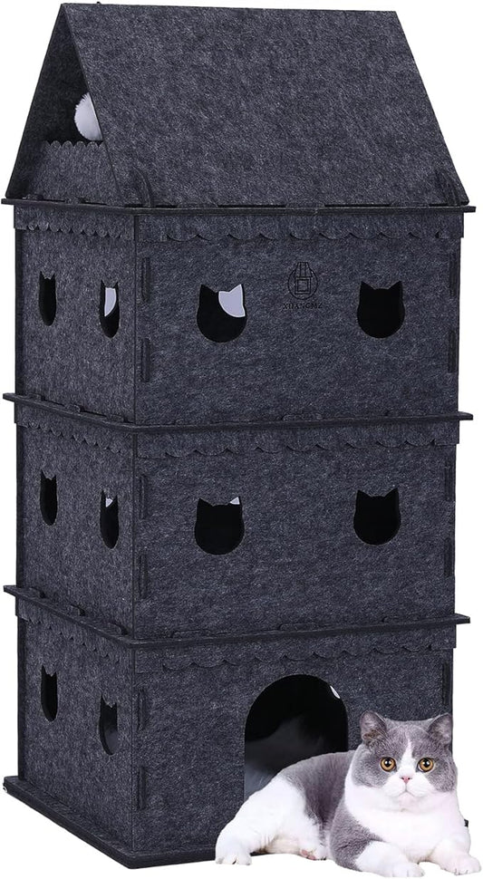 4-Tier Indoor Cat Apartment，Cozy Pet Cat Bed, Hideaway, and Sturdy Cat Castle for Multiple and Large Cats-PurrikoPets
