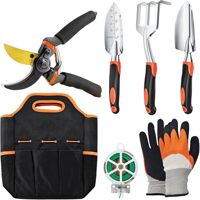 ESOW Garden Tool Set 7 PCS, Includes Cast-Aluminum Heavy Duty Hand Trowel, Transplant Trowel, Hand Rake, SK-5 Steel Gardening Scissor, Plant Tie, Bag & Gloves, Tool Kit Gifts-PurrikoPets