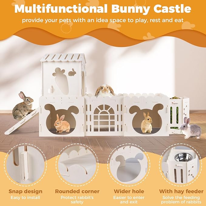 Extra Large Rabbit House, Wooden Bunny House Hideout with 4 Houses and Hay Feeder Indoor, Rabbit Guinea Pig Hideout Multistory Climbing Tower Sturdy Wooden Castle, Small Animal Hideaway Tunnel-PurrikoPets