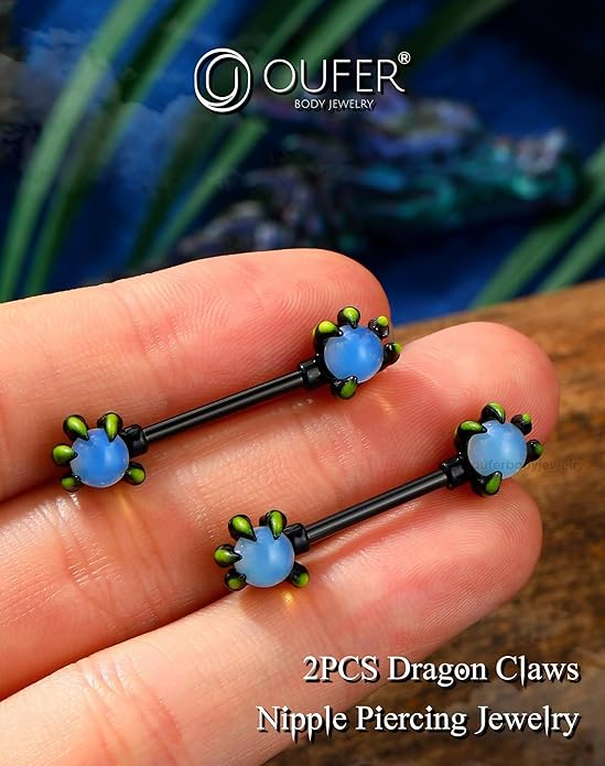 OUFER 14G Nipple Rings - 316L Surgical Steel Piercing Jewelry, 2PCS Pink Opals Surrounded by Dragon Claws Barbell