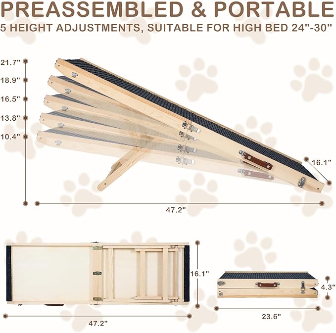 Folding Dog Ramp Safety for Bed, Wooden 5 Adjustable Height Pet Ramps, Potable Dog Steps with Non-Slip Traction Mat, Dog Step, Dogs Stairs for SUV Car, Couch, Safe,Height Bed(47.3 Inch Long)-PurrikoPets