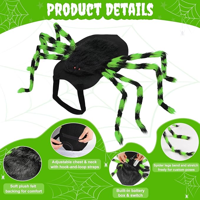 Dog Halloween Costume Large Breed, Furry Dog Spider Costume with 64 LED, Funny Halloween Dogs Costumes for Large Dogs Medium Pet Halloween Party Cosplay (Green)-PurrikoPets