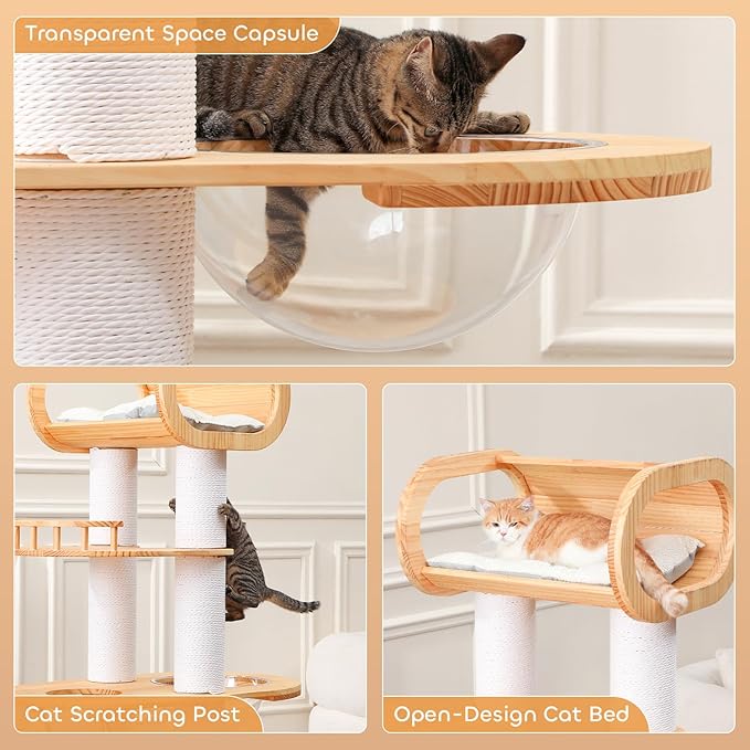 63.6'' Modern Cat Tree Indoor, Solid Wood Cat Tree with Scratching Post for Multi-Cat Families, Tall Cat Tower with Auxiliary Stairs, Huge Condo for Large Cats-PurrikoPets