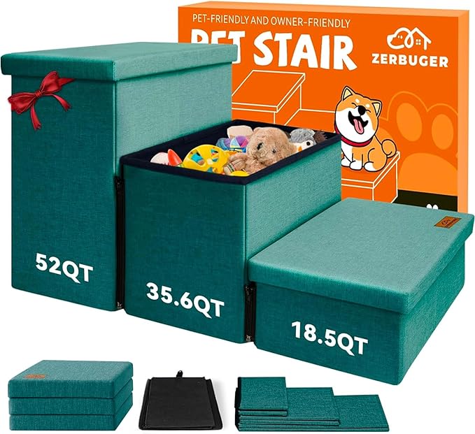 Dog Stairs with Storage 18" H, 3-Step Wider Dog Steps for Small/Medium/Large Old Dogs Cats, Folding Sturdy Pet Stairs for Climbing Bed Couch, Ramp for Car Hold Up to 200 lbs, Dark Green-PurrikoPets