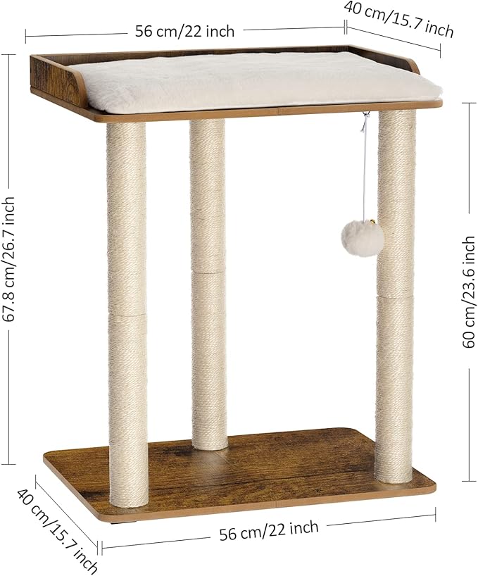 FourFurPets 26.7in Large Cat Tree Tower Condo, Cat Scratch Posts for Indoor Cats, Big Plate, Three 23.6in Full Sisal Scratching Posts, Rustic Brown-PurrikoPets