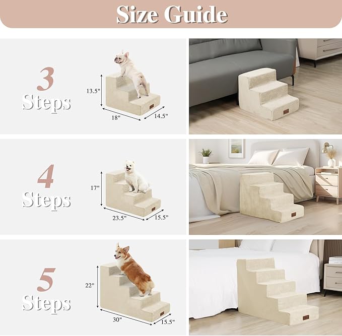 GGIB Dog Stairs for Small Dogs Pet Stairs for Sofa Couch Dog Ramp Pet Steps with Removable Washable Cover, Beige, 13" H, 3-Step-PurrikoPets