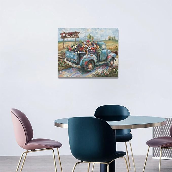 Farmhouse Truck Wall Art Rustic Country Wildflowers Wall Decor Road Flowers Landscape Pictures Canvas Print Painting Artwork for Bathroom Living Room Bedroom 16"x20"-PurrikoPets