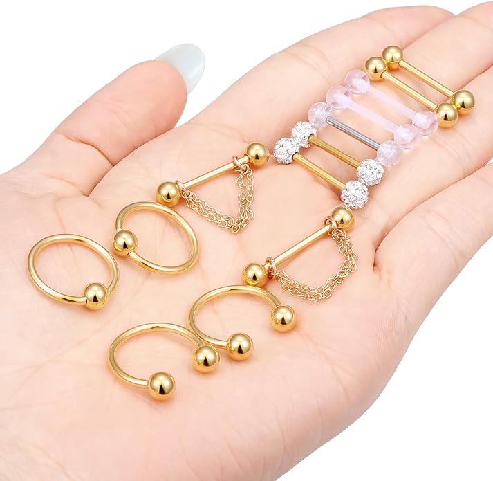 Hoeudjo 14Pcs 14G Surgical Steel Chain Dangle Nipple Rings Barbell Piercing Jewelry Retainer for Women