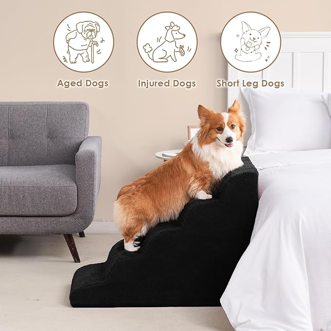 EHEYCIGA Curved Dog Stairs Ramp for High Beds, 5-Step Extra Wide Dog Steps for Small Dogs and Cats, Pet Stairs for High Bed Climbing, Non-Slip Balanced Pet Step Indoor, Black-PurrikoPets