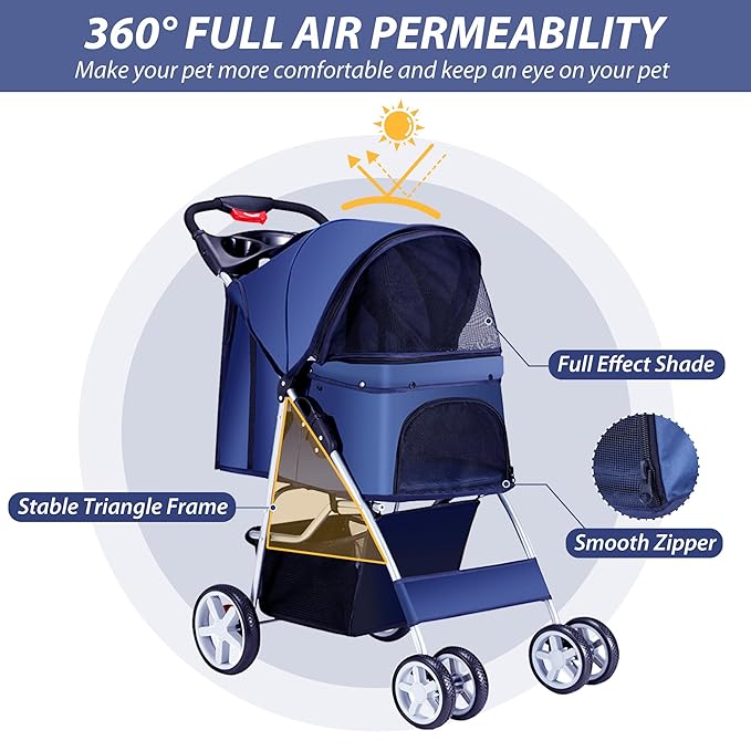 4 Wheels Pet Stroller for Small Medium Dogs Cats 10-33 lbs, Foldable Dog and Cat Stroller with Cup Holder & Storage Basket & Breathable Mesh, Pet Strolling Cart for All-Season, Navy Blue-PurrikoPets