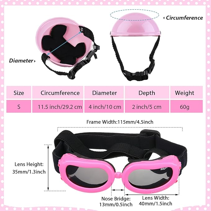 Frienda Dog Helmet and Goggles, UV Protection Doggy Sunglasses and 4 Inch Padded Puppy Motorcycle Helmet Adorable Dog Goggles with Adjustable Belt for Small Dogs Puppy Riding(Pink,S)-PurrikoPets