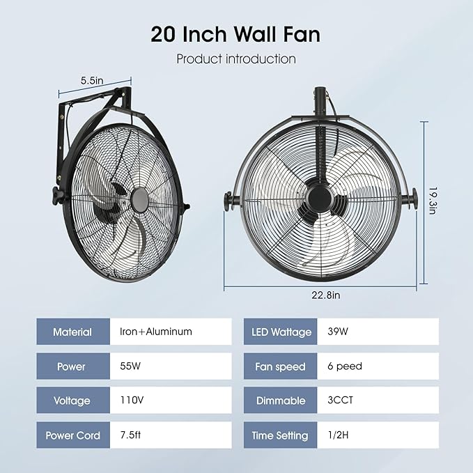 20 inch Wall Mount Fan with Lights and Remote,6-Speed Gazebo Ceiling Fan Adjustable Tilt Dimmable Wall Fan,High Velocity Industrial Outdoor Fans for Patio,Garage,Commercial,Black-PurrikoPets