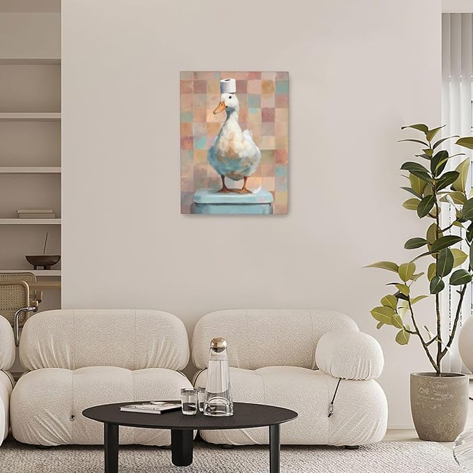 Funny Duck Bathroom Wall Art Cute Duck on Toilet Canvas Wall Decor Funny Quirky Farm Animal Pictures Painting Print Framed Artwork Decorations Gifts for Bathroom 12"x16"-PurrikoPets