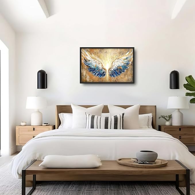 Extra Large Angel Wings Framed Wall Art for Living Room,Oversized Golden Wings Pictures Wall Decor,Holy Gold Blue Canvas Print Painting Modern Artwork Bedroom Office Bathroom 36L" x 24W"-PurrikoPets