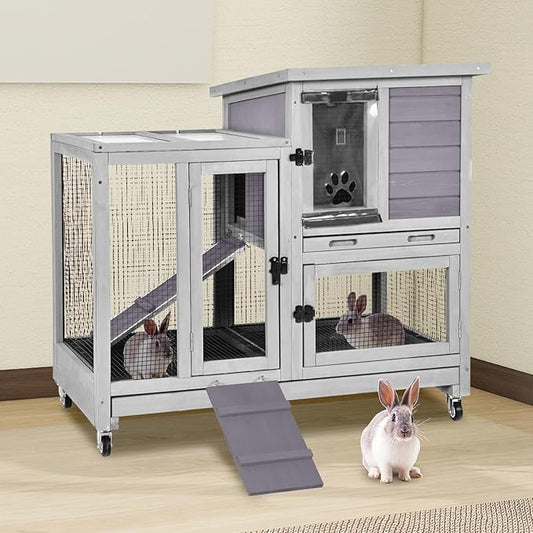 2-Story Rabbit Hutch Indoor Bunny Cage Outdoor Guinea Pig House with Wire Mesh Floor, Leak-Proof Trays, Lockable Wheels for Rabbits, Guinea Pigs, 40.6" L x 26" W x 37.6" H-PurrikoPets