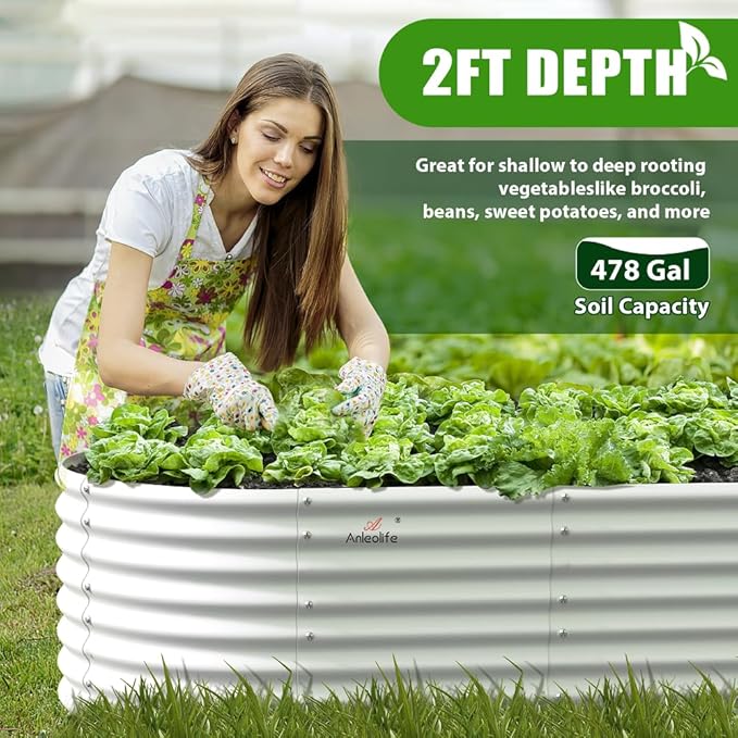 A ANLEOLIFE 8X4X2 ft Galvanized Raised Garden Beds Outdoor, Oval Large Metal Deep Root Planter Box for Planting Vegetables Flowers Herb, Anti-Rust & Easy-Setup, Antique White-PurrikoPets