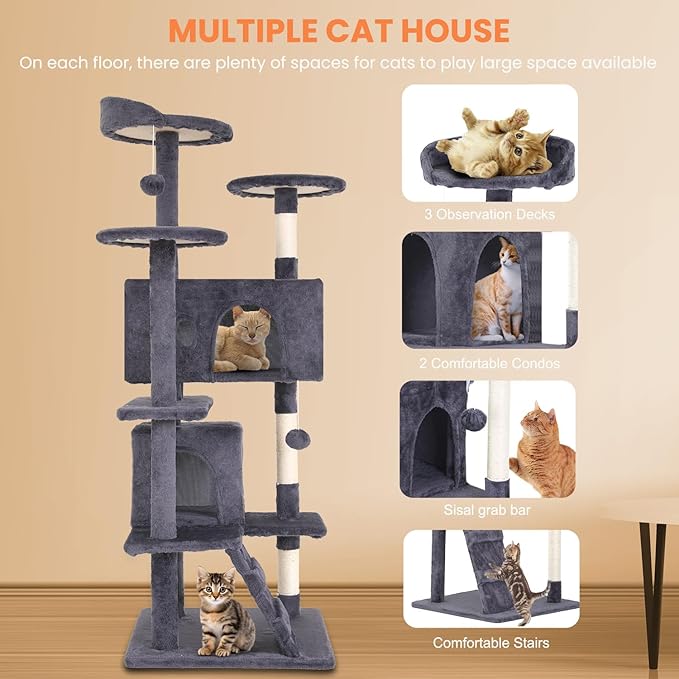 54.7 inches Cat Tower for Indoor Cats Multi-Level Cat Condos for Cat Tree Cat Climbing Tower with Scratching Posts, Hanging Toys,Ashy-PurrikoPets