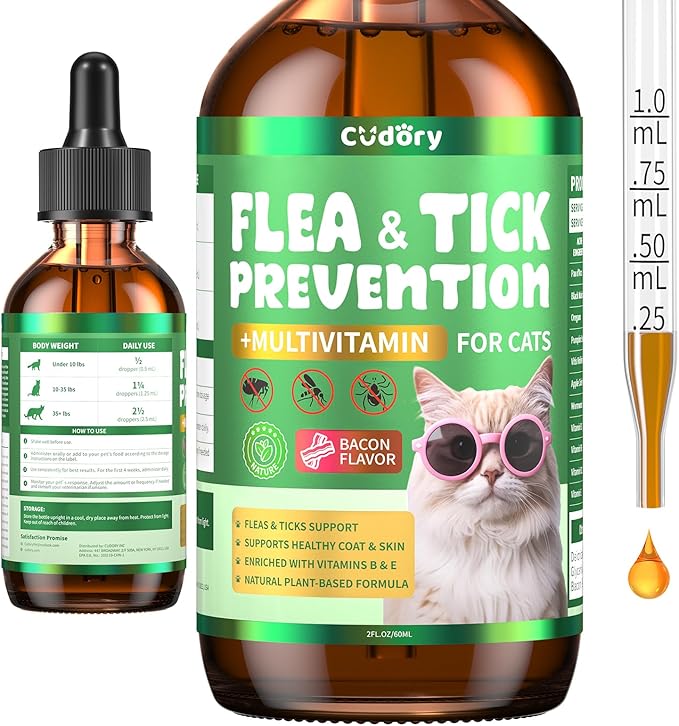 Flea & Tick Support for Cats – Natural Herbal Drops with Multivitamin – Fleas and Ticks Comfort Formula for Cat All Breeds & Ages – Bacon Flavor-PurrikoPets