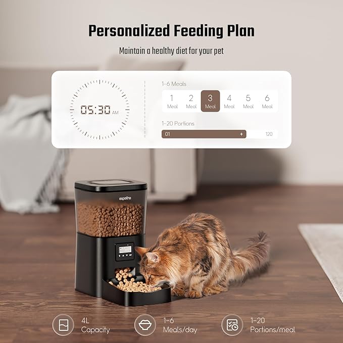 Espelho Automatic Cat Feeder- 4L Timed Cat Food Dispenser 1-6 Meals Control for Cat and Small Dog- Auto Pet Feeder with Desiccant Bag Keep Fresh for Reliable Easy Set Up and Clean- Voice Recorder-PurrikoPets
