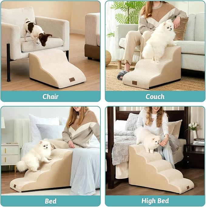 Dog Stairs for Small Dog 22.6" H, Curved Pet Step for Puppy, Older Cat, Medium Pet Ramp for High Bed, Ladder with High Density Foam, Durable, 5 Step, 15.7x33x22.6 inch, Beige-PurrikoPets