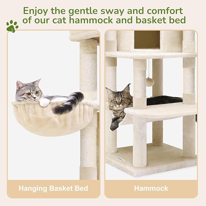 Globlazer Corner Cat Tree, 51in Curved Series Modern Cat Tower for Indoor Cats with Hammock, 7 Sisal Scratching Posts, Large Fan-Shaped Platform for Large Cats, Cat Condo & Hanging Basket, C51, Beige-PurrikoPets