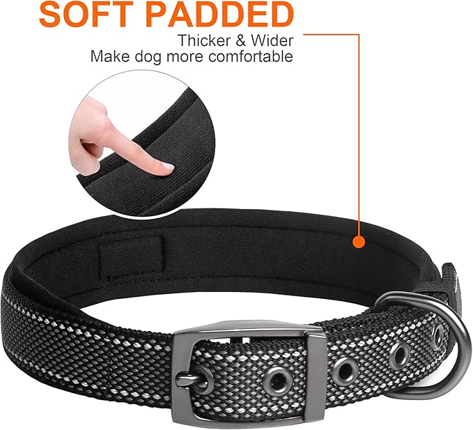 Fida Heavy Duty Dog Collar, Ultra Comfortable Soft Neoprene Padded, Adjustable Reflective Nylon Pet Collar with Durable Metal Belt Buckle for Large Breeds (L, Black)-PurrikoPets