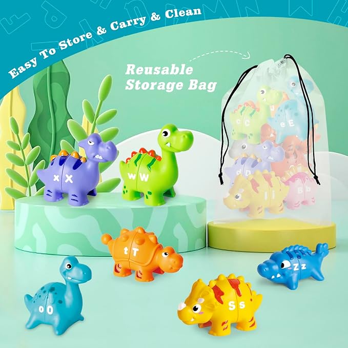 52 PCS Dinosaur Alphabet Learning Toys for Toddlers Kids 3-5, 10 Different Dinosaur Figures, Double Sided ABC Matching Game, Preschool Activities Montessori Fine Motor Toys for Toddlers Kids-PurrikoPets