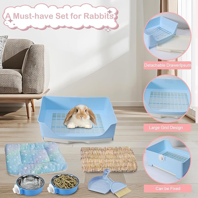 25 Pcs Large Rabbit Starter Kit, Bunny Litter Box with Drawer Animal Grooming Kit Stacking Cups Bowl Blankets Mat with Cleaning Set for Adult Guinea Pig, Ferret, Hamster, Bunnies Accessories (Blue)-PurrikoPets