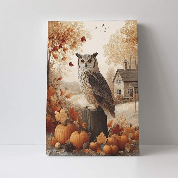 Fall Owl Wall Art Autumn Pumpkin Leaves Wall Decor Rustic Canvas Print Farmhouse Pictures Painting Print Framed Artwork Decorations Gifts for Living Room Bathroom Bedroom Office 16"x24"-PurrikoPets