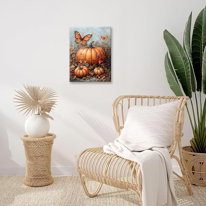 Fall Pumpkin Pictures Wall Art, Rustic Thanksgiving Bathroom Wall Decor, Farmhouse Autumn Butterfly Framed Painting Canvas Artwork for Harvest Gift Bedroom Living Room Decorations 20"L x 16"W-PurrikoPets