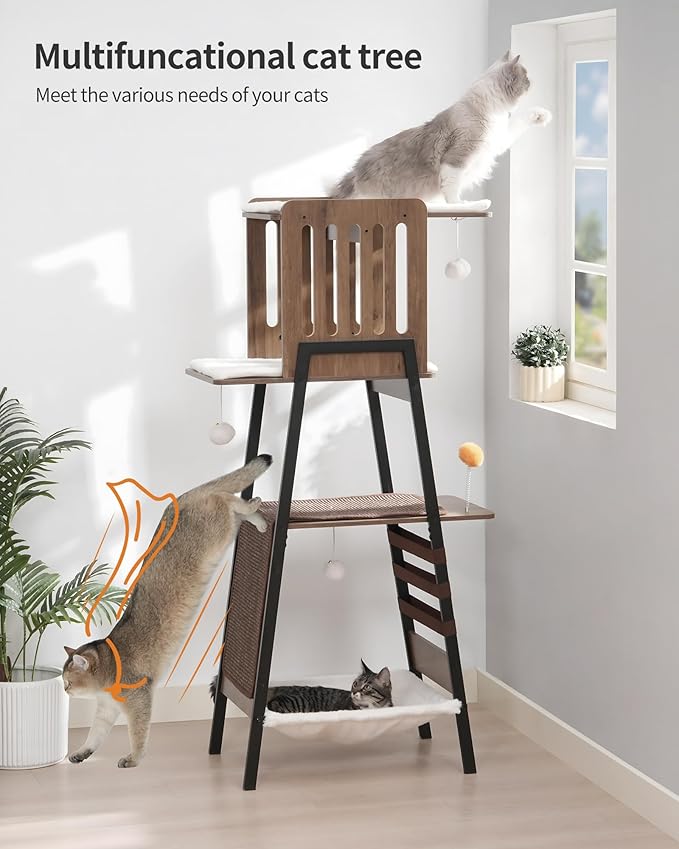 FourFurPets Modern Cat Tree, 58-Inch Cat Tower for Large Cats, Maine Coon Cat Tree with Scratching Board, Large Perch, Hammock and Removable Pads, Greige-PurrikoPets