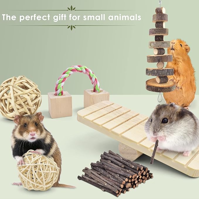 ERKOON New 12 Pack Hamster Chew Toys Gerbil Rat Guinea Pig Chinchilla Chew Toys Accessories, Natural Wooden Dumbbells Exercise Bell Roller Teeth Care Molar Toy for Rabbits Bird Rabbits Hamster Gerbil-PurrikoPets