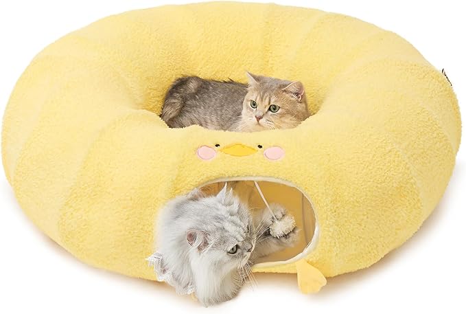 EHEYCIGA Cat Tunnel Bed for Indoor Cats, Cute Cat Donut Toy Tunnel for Small Large Cats with Washable Circle Cushion, Peekaboo Pet Cave Play Tunnel for Kitten, Puppy, Rabbit-PurrikoPets