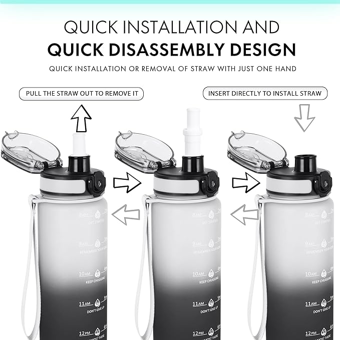 32oz Motivational Water Bottles with Time Marker & Fruit Strainer, Transparent Gradient Color Water Bottle with Times to Drink, Leakproof & BPA Free, Reusable Bottle with Strap (No Straw)-PurrikoPets