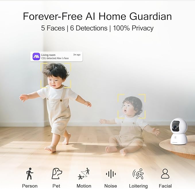 5G Security Camera Indoor 2-Pack, No-Monthly-Fee AI Tracking Facial Recognition, 3K Pet/Dog Camera with Speaker/Phone App, PTZ WiFi Baby Monitor Cameras for Home Security, 0-Glow Night Vision-PurrikoPets