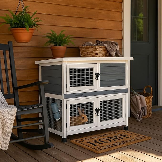 2 Story Solid Wood Rabbit/Bunny Hutch with 2 Large Main Rooms, Indoor Outdoor Rabbit House Guinea Pig Cage Pet House for Small Animals with Ventilation Door Removable Tray Waterproof Roof (Grey)-PurrikoPets