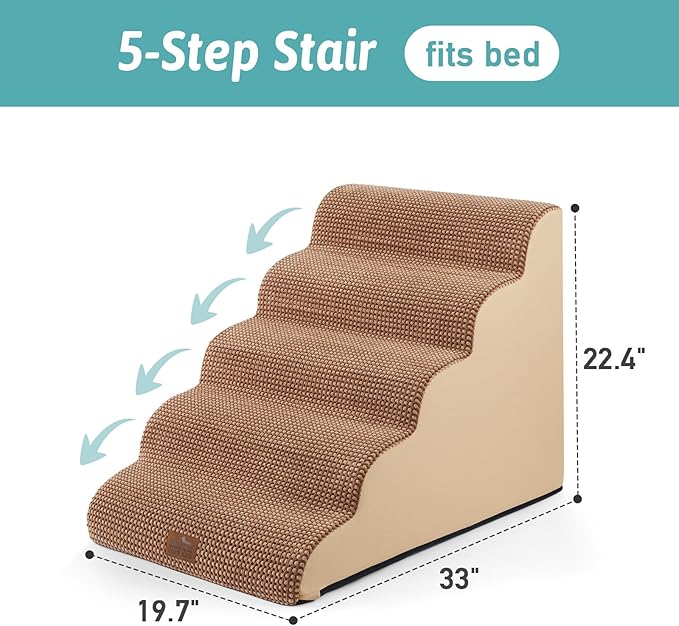 Extra Wide Dog Stairs 19.7" Width, Large Pet Step for Small Medium Dog, Puppy or Cat, Ramp for High Bed or Car, High Density Foam Ladder, Stable, 5 Step, 19.7x33x22.4 inch, Light Brown-PurrikoPets