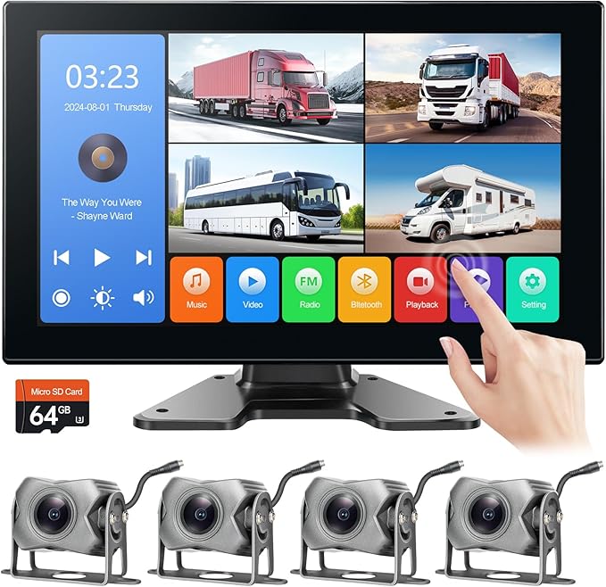 4-Channel 1080P Backup Camera for Truck/RV/Semi Trailer/Van/Cars 10.2inch Touch Monitor with DVR Recording/Playback/Bluetooth/FM Radio/Music/Video Player-PurrikoPets