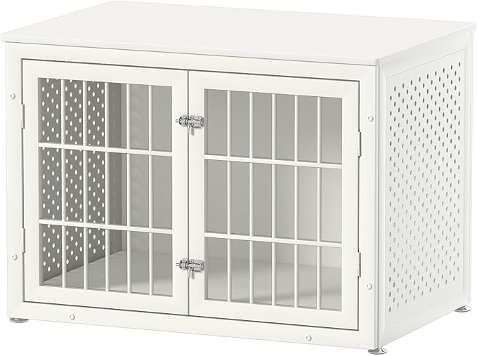 38" Heavy Duty Dog Crate Furniture for Large and Medium Dogs,Wooden Metal Kennel for High Anxiety Dogs, Chew Proof Pet Cage Indoor, Decorative Dog Kennel End Table, White-PurrikoPets